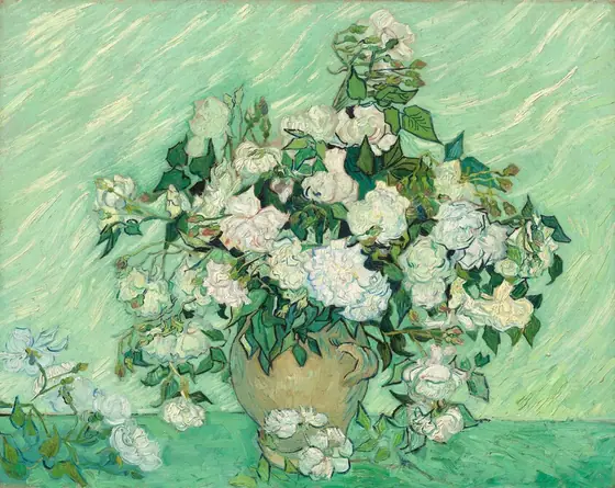 A profusion of white roses bursting from the neck of a tan jug almost fills the height of this horizontal still life painting.