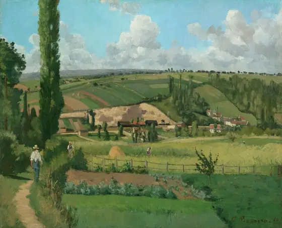 A small complex of white buildings with red-tile roofs are engulfed in a patchwork of lush, green farm fields over rolling hills in this nearly square painting.