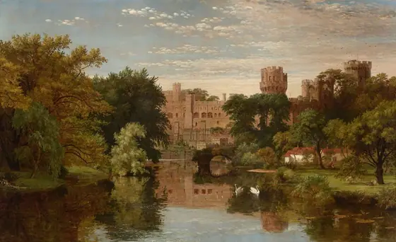 This painting features a landscape with a calm body of water dominating the lower portion. The view is slightly elevated, overlooking the water that reflects the surrounding greenery and sky.