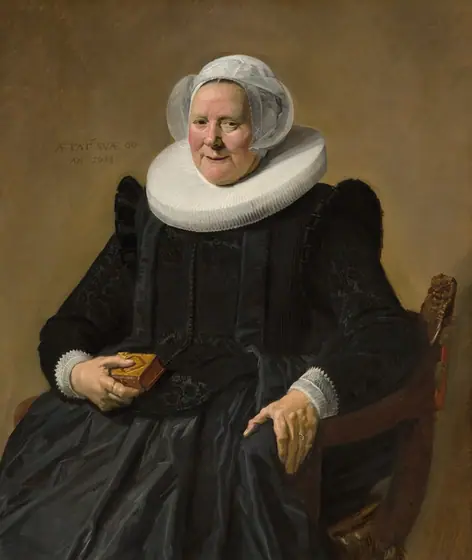 This vertical portrait painting shows a pale-skinned older woman wearing a full, long-sleeved black dress with a wide white ruff at her neck and white lace cuffs at her wrists.