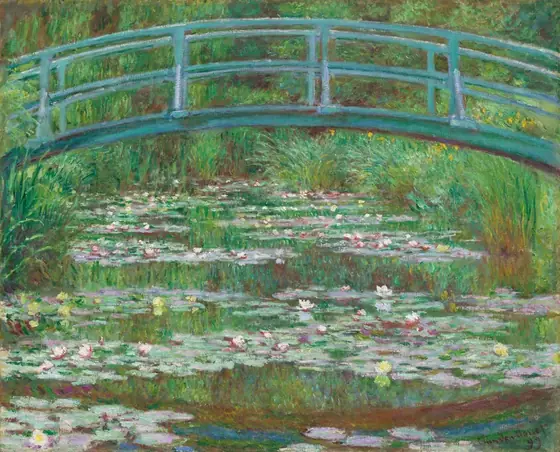 A pale turquoise footbridge arching over a pond lined with tall grasses and filled with petal-pink and butter-yellow waterlilies spans this horizontal landscape painting. The scene is loosely painted with touches of vibrant color.