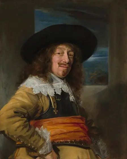 Shown from the hips up, a man with peachy skin and long, brown curly hair and goatee stands in front of a window opening onto a moonlit sky in this vertical portrait painting.