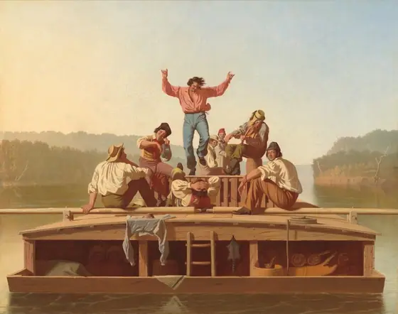 A flatboat with eight light-skinned men floats toward us down a wide river in this horizontal painting. The boat nearly spans the width of the composition and has low sides and a shallowly arched, low cabin upon which the men gather.
