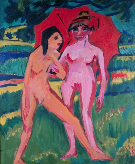 Two nude women, painted in vibrant coral peach and bubblegum pink, stand under a red umbrella in a landscape in this stylized, vertical painting.