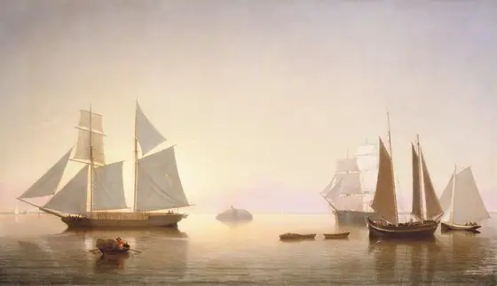 Two ships and two sailboats, all with full sails, float on a gently rippling body of water in front of a pale pastel-shaded sky in this horizontal painting.