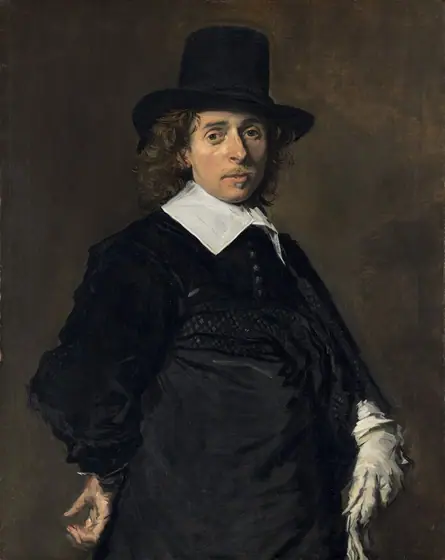 Shown from about the hips up, a man with peachy skin, wearing an ink-black hat and coat with a bright white collar, looks out at us against a dark background in this vertical portrait painting.