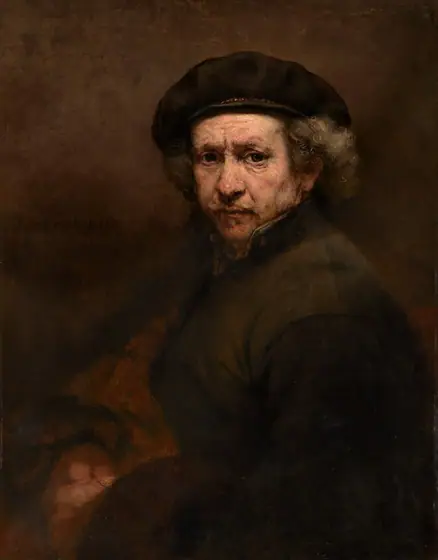 Shown from the waist up, an older man with pale, peachy skin looks out at us with deep-set, gray eyes under a furrowed brow, in front of a sable-brown background in this vertical portrait painting.