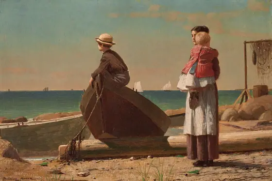 A woman holding a baby stands near a young boy who perches in the tipped-up end of a rowboat that has been pulled onto a sandy beach in this horizontal painting. All the people have light skin.
