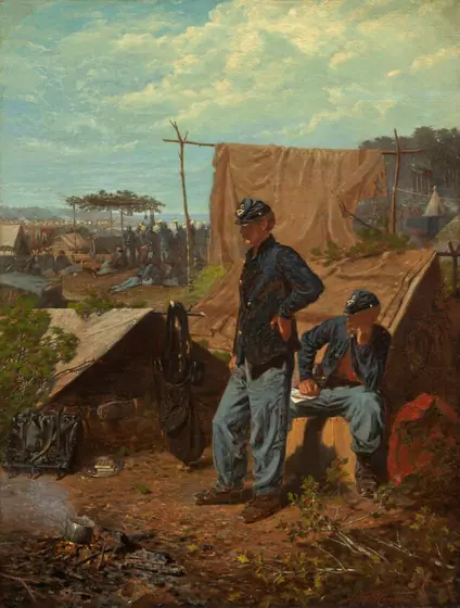 In a camp, two soldiers wearing blue uniforms are lost in thought as they listen to a military band playing music in the background in this vertical painting.