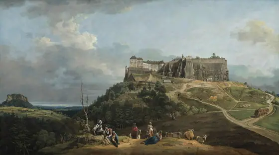 In the distance, a fortress sits on a rocky plateau below a sky filled with lightly rolling white and gray clouds in this horizontal landscape painting.