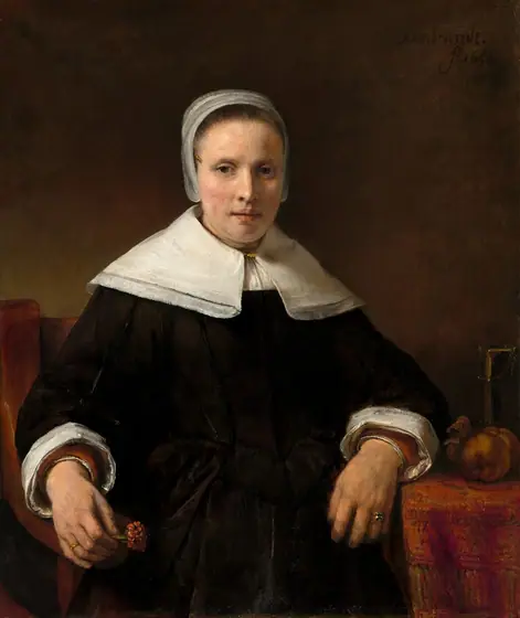 Shown from the lap up against a dark background, a pale-skinned woman wearing a black dress looks out at us in this vertical portrait.