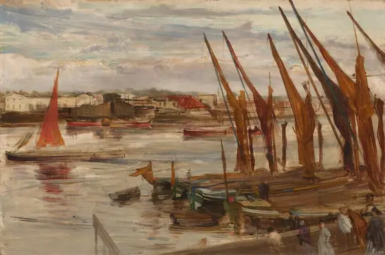 We look slightly down onto and across a wide, boat-filled river under a cloudy sky at the far bank, which is lined with buildings, in this loosely painted, horizontal landscape.