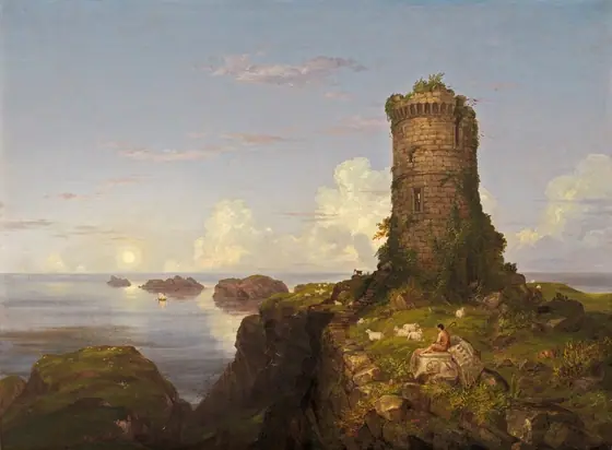 We look across a rocky, grass-covered promontory at a crumbling, round brick tower overlooking topaz-blue water in this horizontal landscape painting.