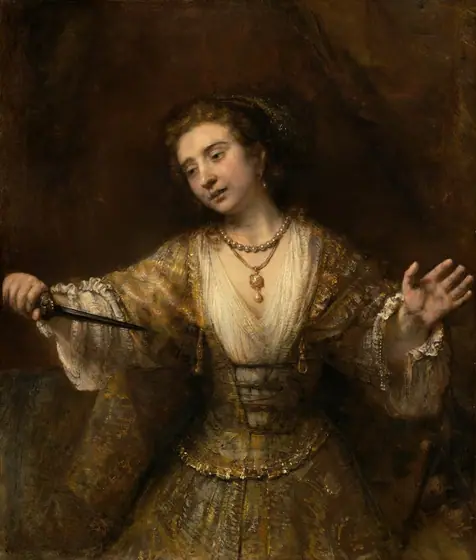 Shown from the thighs up, a pale-skinned woman looks down and off to our left as she holds the pointed end of a dagger toward her chest in this vertical painting.