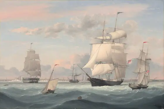 This painting shows a seascape with large sailing ships and smaller vessels. To the right of center is a large ship with several tall masts and many billowing white sails.