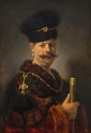 Shown from about the waist up, a light-skinned man with sagging jowls and a double chin wears a fur garment and hat, a large teardrop pearl earring, and gold chains in this vertical painting.