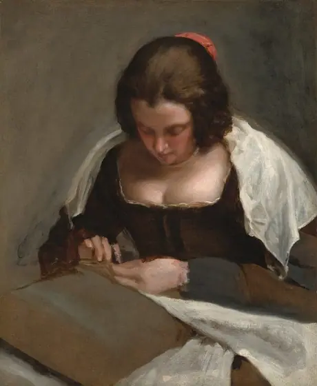 Shown from the waist up, a woman with pale skin and brown hair, wearing a dark corset and white fabric over her shoulders, looks down at needlework in her hands in this vertical painting.
