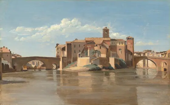 This horizontal landscape painting shows a cluster of tan and rust-brown buildings set on a tiny island at the center of a wide brownish-gray river.