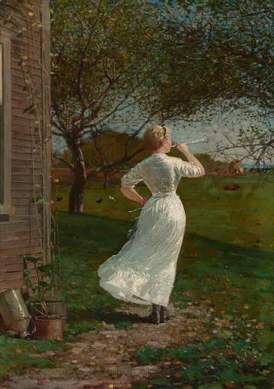 Facing away from us, a light-skinned woman blowing a silver horn stands in a grassy landscape in this vertical painting. The woman is lit brightly from the upper right, making her ankle-length, white dress glow.