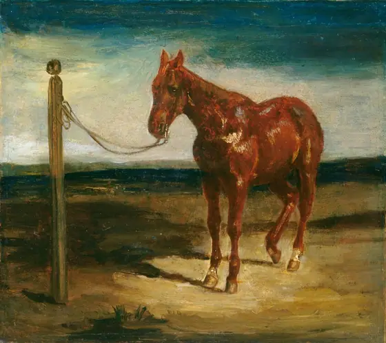 This is a painting of a red horse standing on a patch of tan ground, tethered by a rope to a tall brown post. The horse's reddish-brown coat is rich and glossy, with white highlights. It faces the left, with its ears pricked up.