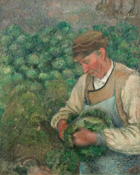 An older man with ruddy, peachy skin stands in the lower right of this vertical painting holding a large, green, leafy cabbage. He is shown from the hips up and faces our left with his body angled slightly toward us.