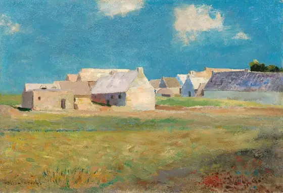 We look across an ochre-yellow field to a band of pearl-white buildings under an azure-blue sky in this horizontal landscape painting. Flecks of red in the lower right corner could be flowers.
