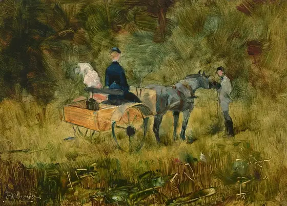 In the center of this painting, there is a horse-drawn cart turned away from us, facing the right. In the cart is a person wearing dark blue clothing and a dark hat, and next to them is a white-and-pink bundle that could be another person.
