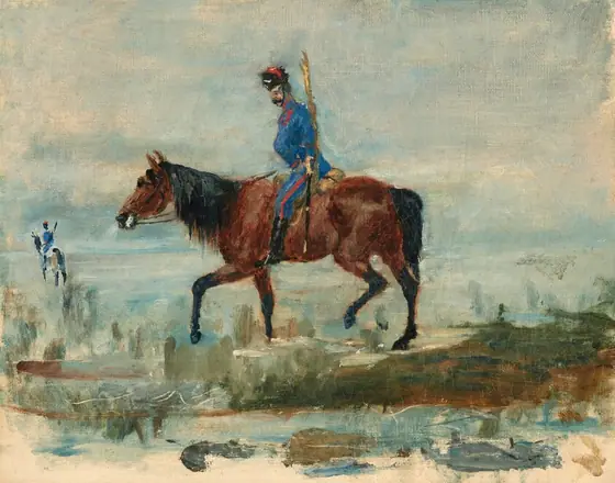 This painting shows a man on a horse, both in profile, facing the left. The man is seated upright on the horse, appearing to sit on a tan saddle.