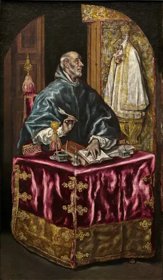 A light-skinned man wearing a voluminous, ocean-blue, hooded robe sits at a cloth-draped writing table and looks up, fingers splayed over an open book and a pen held in his other hand, in this vertical painting.