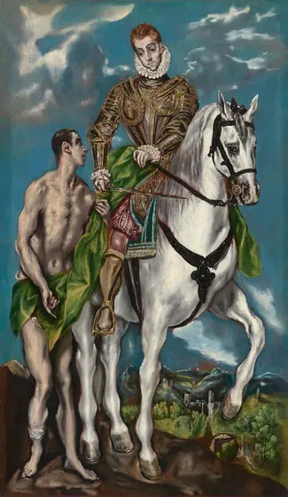 A nearly nude man with peachy skin stands next to and looks up at a man with ashen, ivory-colored skin, wearing armor and riding a bright white horse in this vertical painting.
