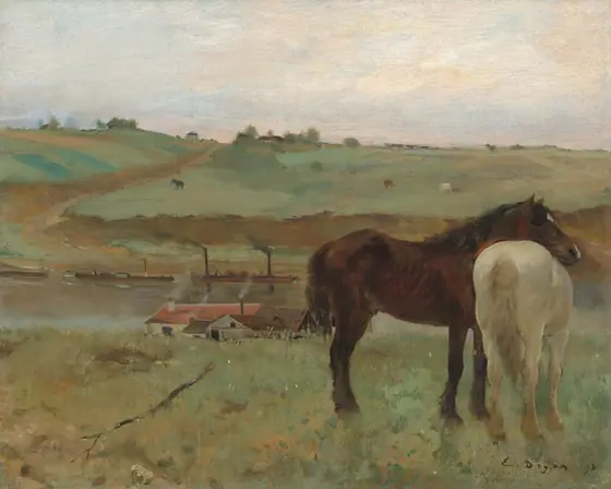 Two horses, one dark brown and one cream white, stand together to our right against a landscape with rolling, sage-green hills and a river or canal in this horizontal painting.