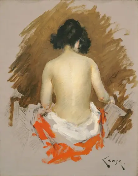 Shown from the hips up, a mostly nude woman sits facing away from us with a white cloth wrapped around her hips in this vertical painting.