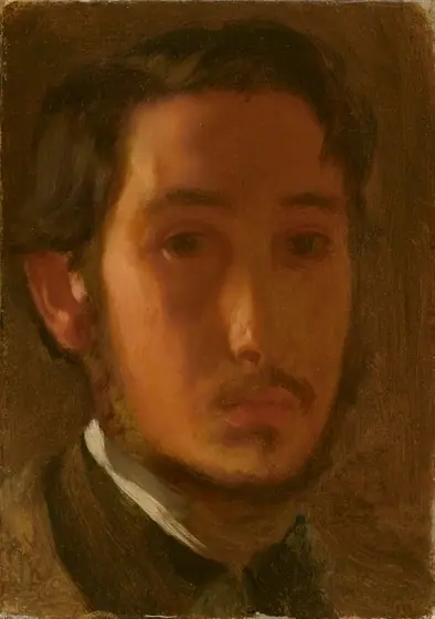 The face of a young man with peachy-colored skin and dark hair fills this vertical painting. The man is lit from our left but is angled to slightly to our right, so his face is mostly in shadow.