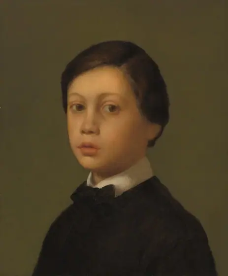Shown from the chest up, a young, pale-skinned boy dressed in black turns to face us in this vertical portrait painting.