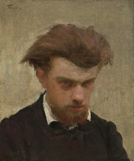 This painting is a close-up portrait of a man's head and shoulders. He has pale skin and light, slightly disheveled brown hair with a strong widow's peak, and a short brown beard.