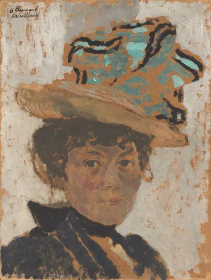 This painting shows the upper half of a woman's body, focusing on her face, head, and large hat. The woman's body is slightly turned toward the right, but she is looking directly at us.