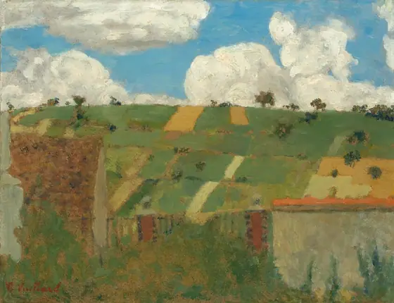 This painting shows a landscape seen from an elevated view. Fields dotted with small trees line a hill that reaches up towards the horizon, below a blue sky full of white, puffy clouds.