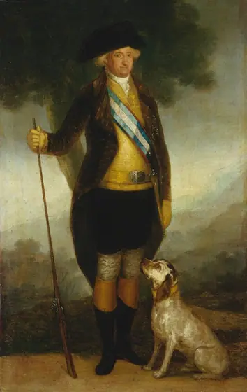 This painting shows a man standing upright, his body slightly turned to the right.