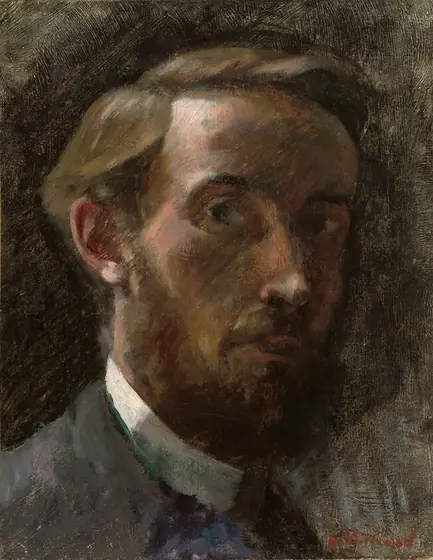 The head of a pale-skinned man nearly fills this shadowy, vertical portrait painting. His shoulders angle to our right, and his dark eyes cut back to look at us.