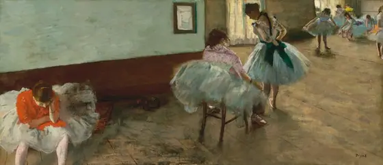 A long, brightly lit room is filled with at least nine young ballerinas in robin’s egg-blue dance costumes and pale pink shoes in this wide, horizontal painting. They all have light skin and brown or dark blond hair.