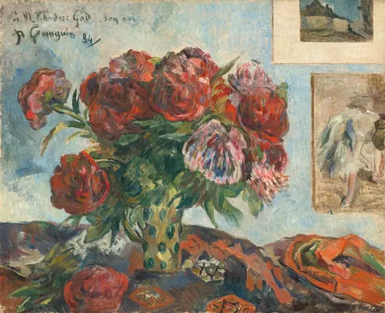 About a dozen ruby-red and bright pink peonies in a gold and green vase sit on a rumpled cloth in this loosely painted, horizontal still life.