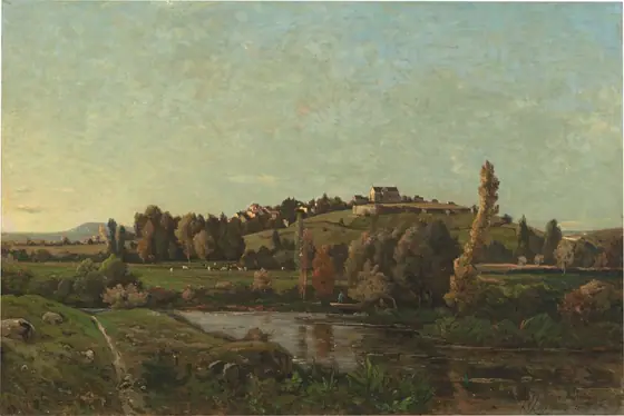 The painting depicts a rural landscape from a distance, showing a hill, houses, and trees. At the bottom of the painting is a body of water with two green banks on either side. The water reflects the green surroundings.