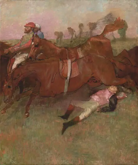 A band of several galloping horses and riders move across the center of this vertical painting. The color palette is dominated by blended earthy brown, green, and pale pink.