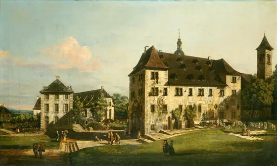 The painting depicts a stately building complex from an elevated point. The buildings are large, with white, ivy-covered walls and dark, peaked roofs.