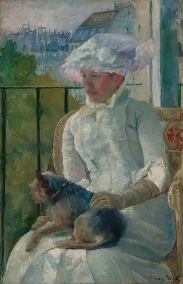 Shown from the knees up, a young woman wearing a white gown and bonnet sits in front of a balcony railing on a sunny day, holding a small dog on her lap in this vertical portrait painting.