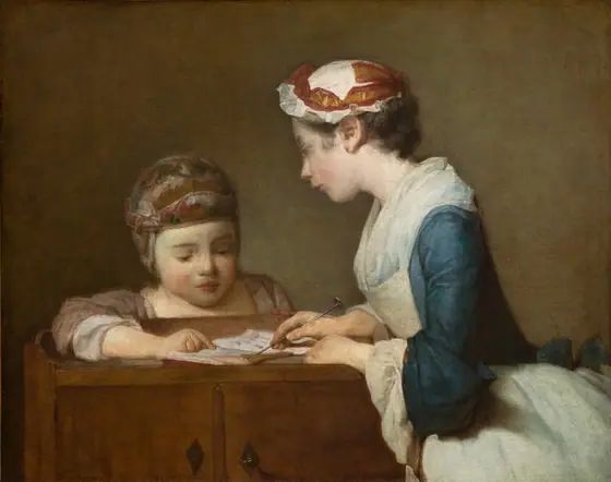 An older girl and a younger child, both with pale skin, bend toward each other as they look at a book spread open on a wooden cupboard in this nearly square painting.