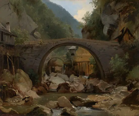 This painting shows a rocky green ravine with a gray stream running through it, surrounded by thick foliage and large boulders. An arched stone bridge crosses over the stream in the center of the painting.