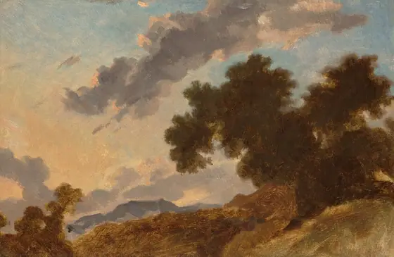The dark, forest-green canopies of trees to our right are silhouetted against a sky that warms from pale blue along the top edge of the composition to butter yellow along the horizon, which comes about a quarter of the way up this…