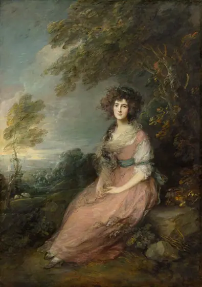 A pale-skinned woman wearing a long, rose-pink gown sits amid a lush landscape in this vertical portrait painting. The woman’s body is angled to our left, but she turns her head to look at us with green eyes under dark brows.