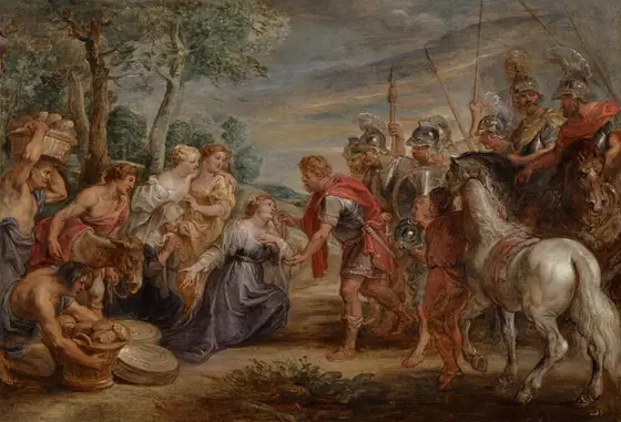 A man and woman greet each other at the center of a group of about a dozen people set within a landscape in this horizontal painting. All the people have pale, peachy skin.